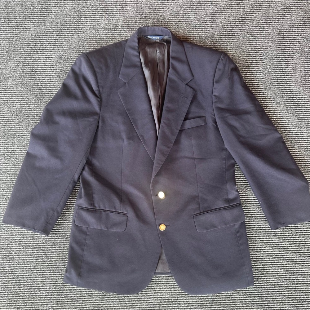 Burberrys Vintage Navy Blue Wool Blazer Gold Knight Buttons Sport Coat Mens